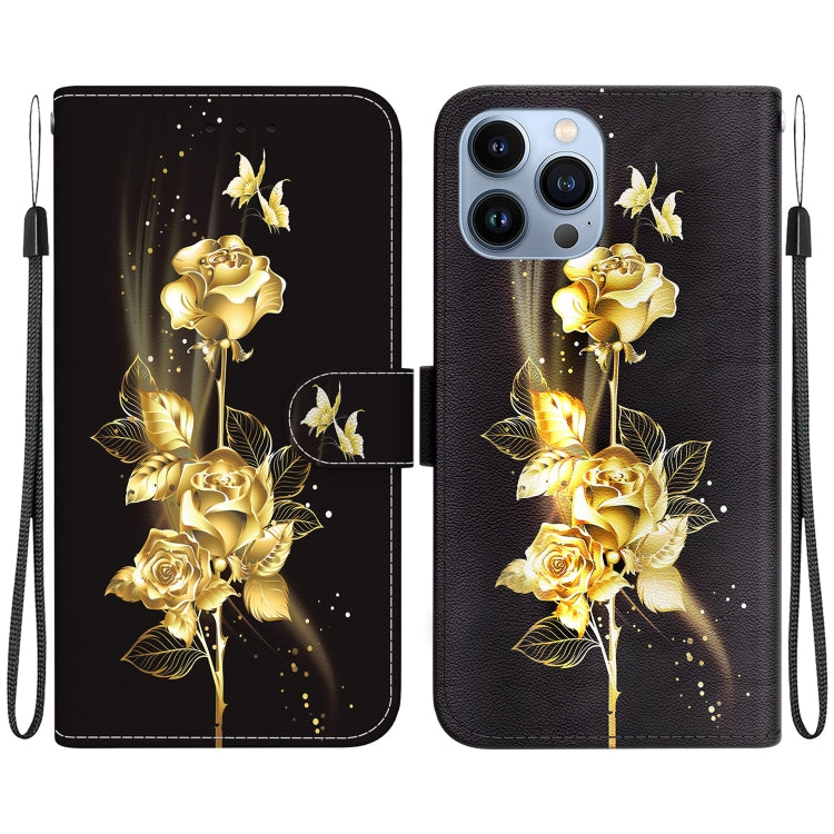 For iPhone 15 Pro Crystal Texture Colored Drawing Leather Phone Case(Gold Butterfly Rose) - HoMEdemic™ 