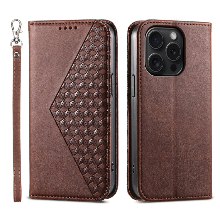 For iPhone 15 Pro Cubic Grid Calf Texture Magnetic Leather Phone Case(Brown) - HoMEdemic™ 
