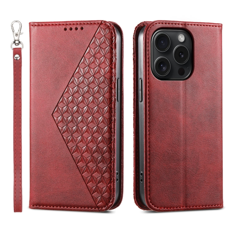 For iPhone 15 Pro Cubic Grid Calf Texture Magnetic Leather Phone Case(Red) - HoMEdemic™ 