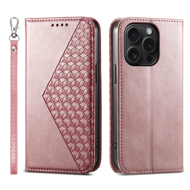 For iPhone 15 Pro Cubic Grid Calf Texture Magnetic Leather Phone Case(Rose Gold) - HoMEdemic™ 