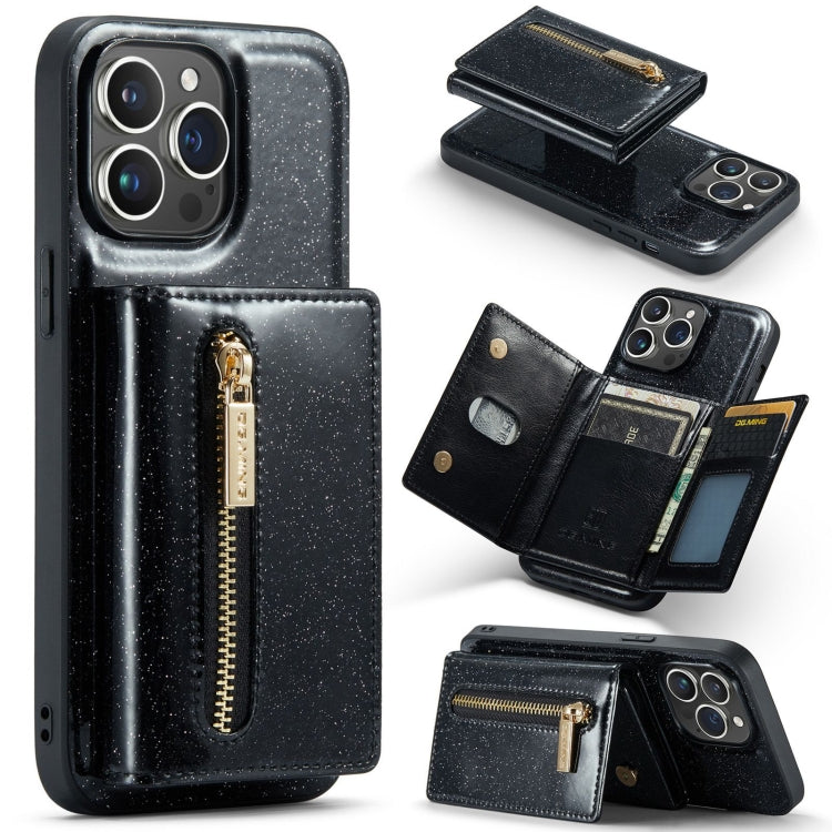 For iPhone 15 Pro DG.MING M3 Series Glitter Powder Card Bag Leather Phone Case(Black) - HoMEdemic™ 