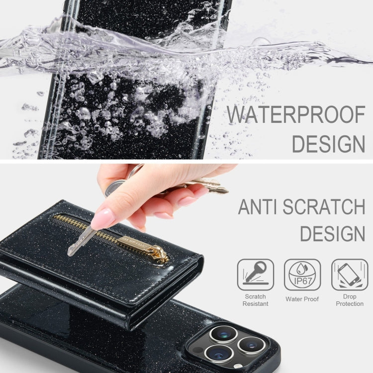 For iPhone 15 Pro DG.MING M3 Series Glitter Powder Card Bag Leather Phone Case(Black) - HoMEdemic™ 