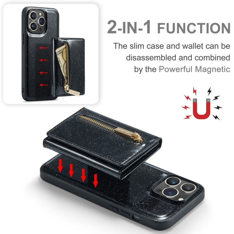 For iPhone 15 Pro DG.MING M3 Series Glitter Powder Card Bag Leather Phone Case(Black) - HoMEdemic™ 