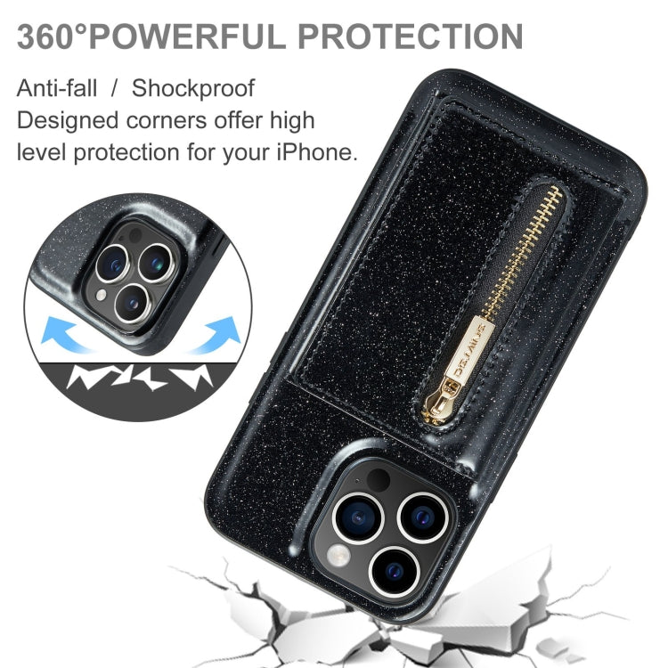 For iPhone 15 Pro DG.MING M3 Series Glitter Powder Card Bag Leather Phone Case(Black) - HoMEdemic™ 
