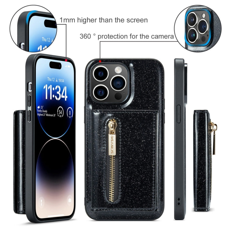 For iPhone 15 Pro DG.MING M3 Series Glitter Powder Card Bag Leather Phone Case(Black) - HoMEdemic™ 