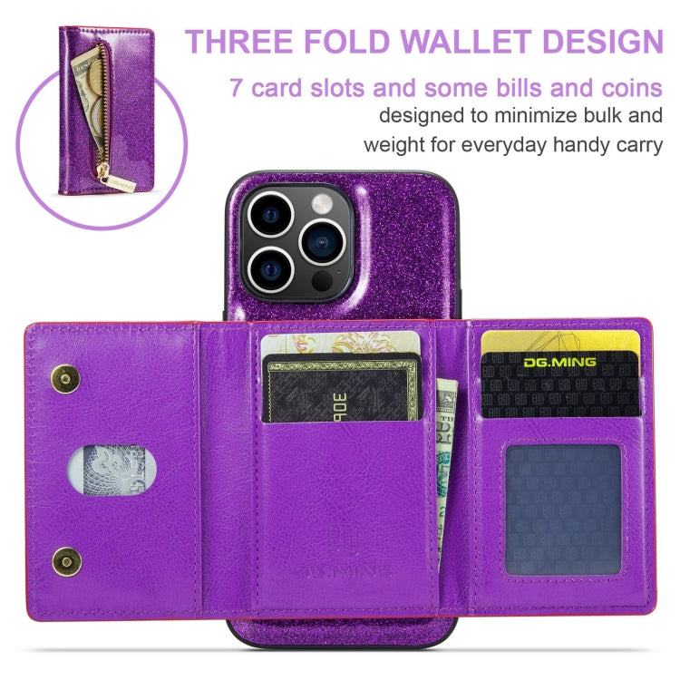 For iPhone 15 Pro DG.MING M3 Series Glitter Powder Card Bag Leather Phone Case(Dark Purple) - HoMEdemic™ 