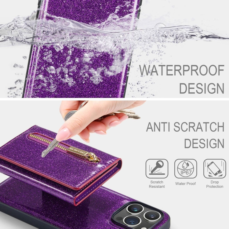 For iPhone 15 Pro DG.MING M3 Series Glitter Powder Card Bag Leather Phone Case(Dark Purple) - HoMEdemic™ 
