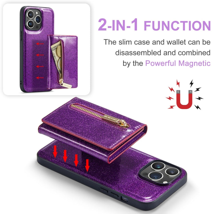 For iPhone 15 Pro DG.MING M3 Series Glitter Powder Card Bag Leather Phone Case(Dark Purple) - HoMEdemic™ 