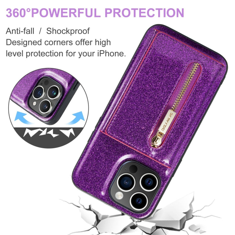 For iPhone 15 Pro DG.MING M3 Series Glitter Powder Card Bag Leather Phone Case(Dark Purple) - HoMEdemic™ 