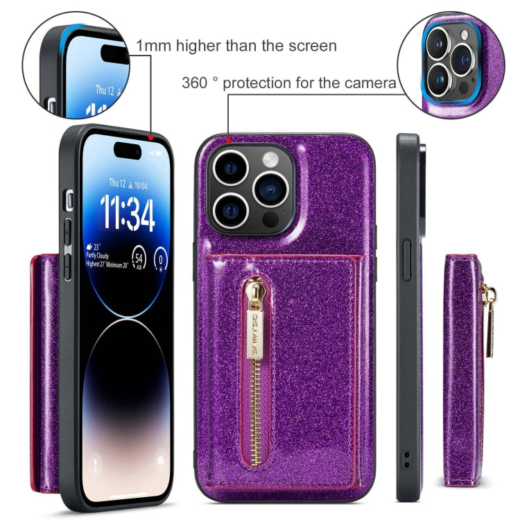 For iPhone 15 Pro DG.MING M3 Series Glitter Powder Card Bag Leather Phone Case(Dark Purple) - HoMEdemic™ 