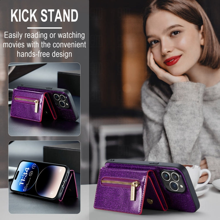 For iPhone 15 Pro DG.MING M3 Series Glitter Powder Card Bag Leather Phone Case(Dark Purple) - HoMEdemic™ 