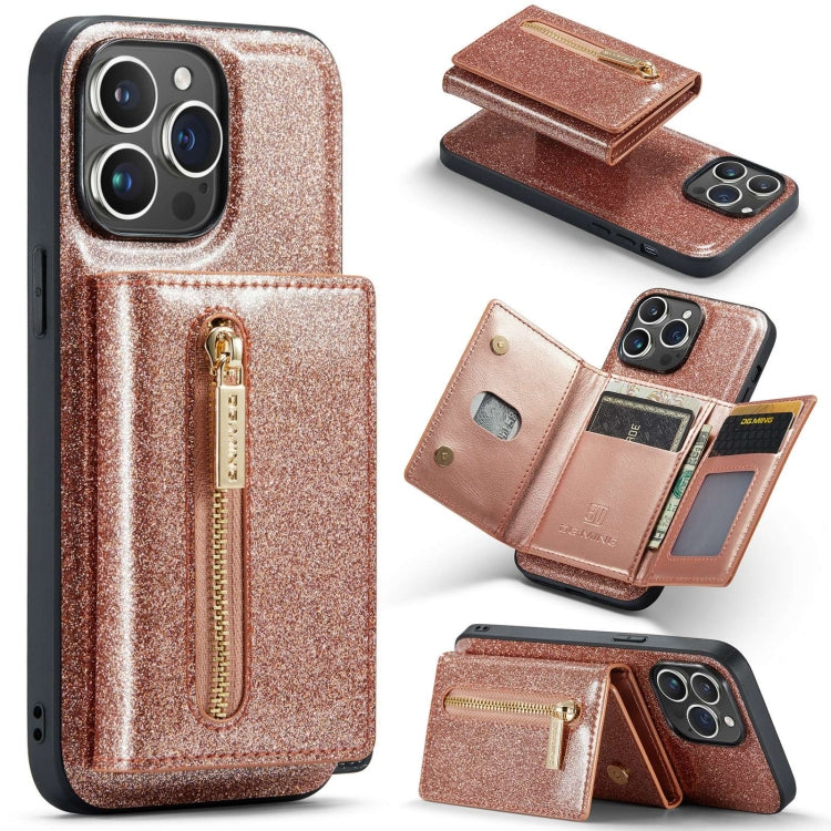 For iPhone 15 Pro DG.MING M3 Series Glitter Powder Card Bag Leather Phone Case(Rose Gold) - HoMEdemic™ 