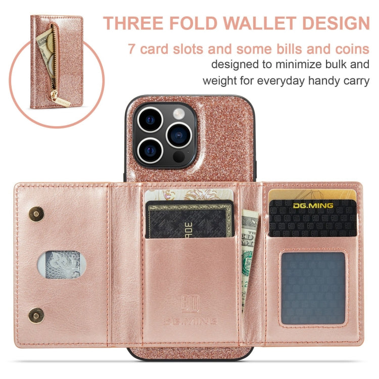 For iPhone 15 Pro DG.MING M3 Series Glitter Powder Card Bag Leather Phone Case(Rose Gold) - HoMEdemic™ 