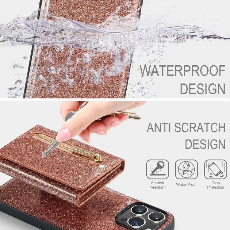 For iPhone 15 Pro DG.MING M3 Series Glitter Powder Card Bag Leather Phone Case(Rose Gold) - HoMEdemic™ 
