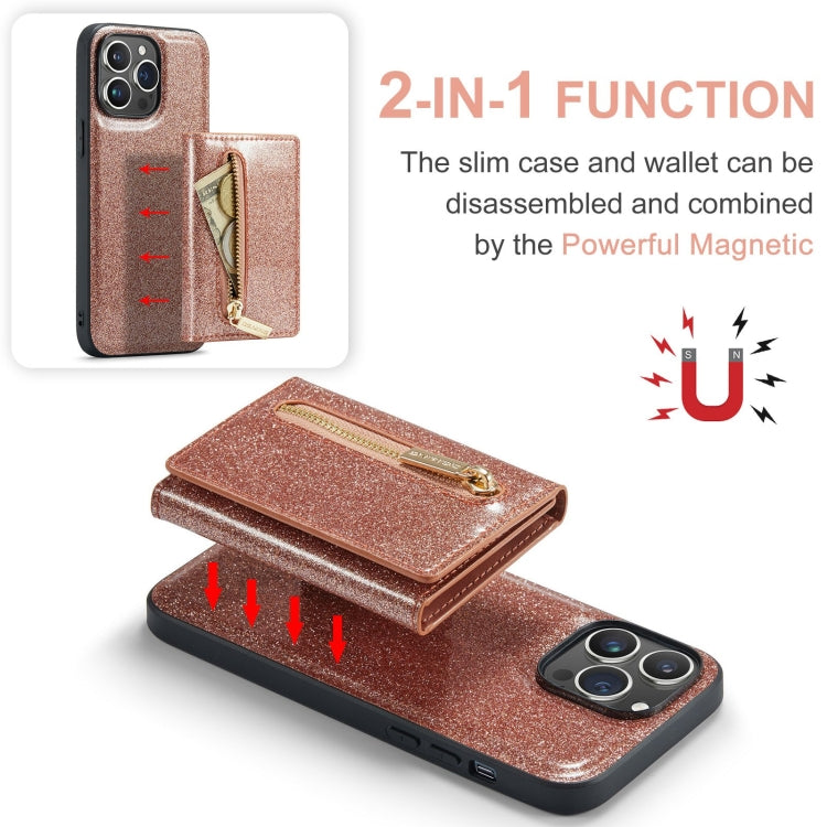 For iPhone 15 Pro DG.MING M3 Series Glitter Powder Card Bag Leather Phone Case(Rose Gold) - HoMEdemic™ 
