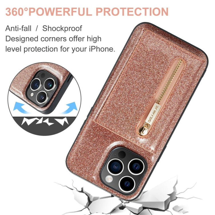 For iPhone 15 Pro DG.MING M3 Series Glitter Powder Card Bag Leather Phone Case(Rose Gold) - HoMEdemic™ 