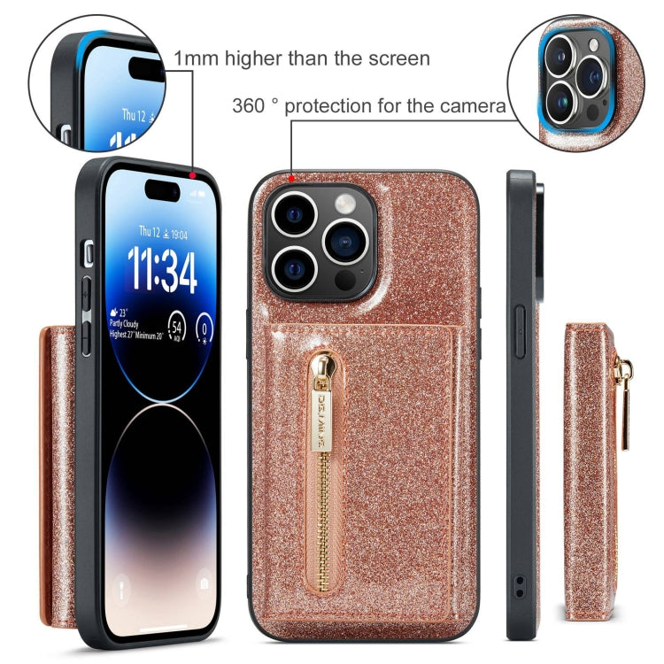 For iPhone 15 Pro DG.MING M3 Series Glitter Powder Card Bag Leather Phone Case(Rose Gold) - HoMEdemic™ 