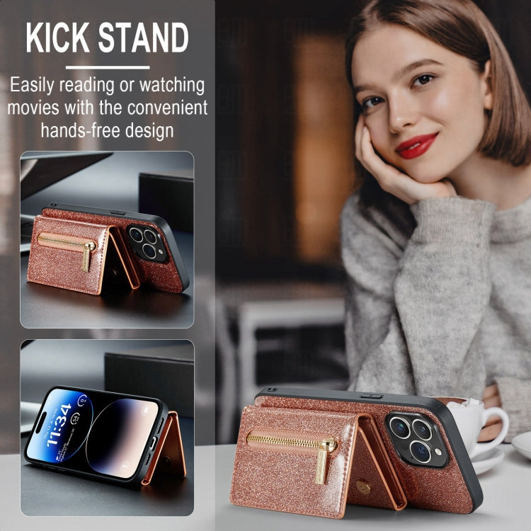 For iPhone 15 Pro DG.MING M3 Series Glitter Powder Card Bag Leather Phone Case(Rose Gold) - HoMEdemic™ 
