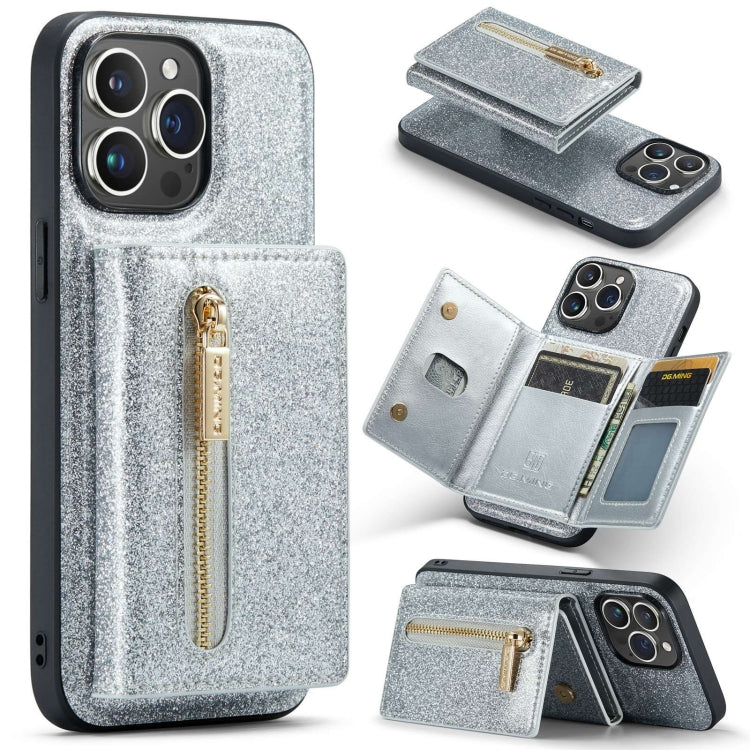 For iPhone 15 Pro DG.MING M3 Series Glitter Powder Card Bag Leather Phone Case(Silver) - HoMEdemic™ 