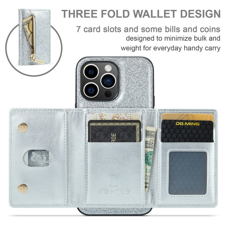 For iPhone 15 Pro DG.MING M3 Series Glitter Powder Card Bag Leather Phone Case(Silver) - HoMEdemic™ 