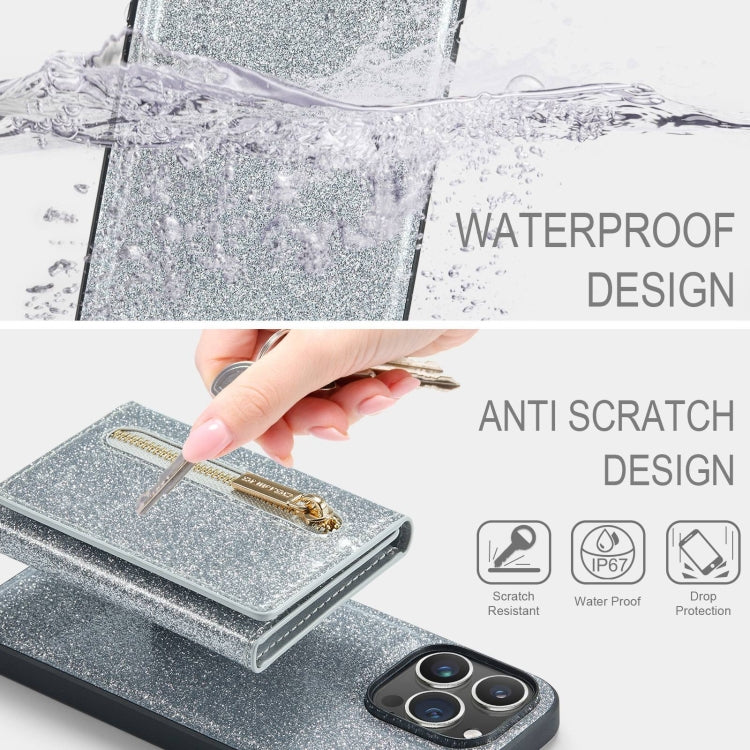 For iPhone 15 Pro DG.MING M3 Series Glitter Powder Card Bag Leather Phone Case(Silver) - HoMEdemic™ 