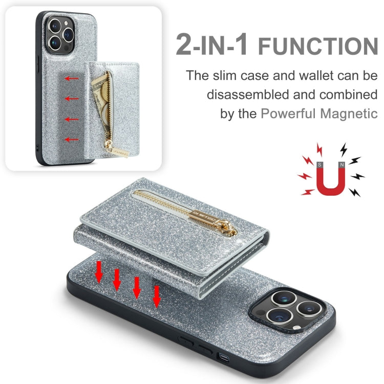 For iPhone 15 Pro DG.MING M3 Series Glitter Powder Card Bag Leather Phone Case(Silver) - HoMEdemic™ 