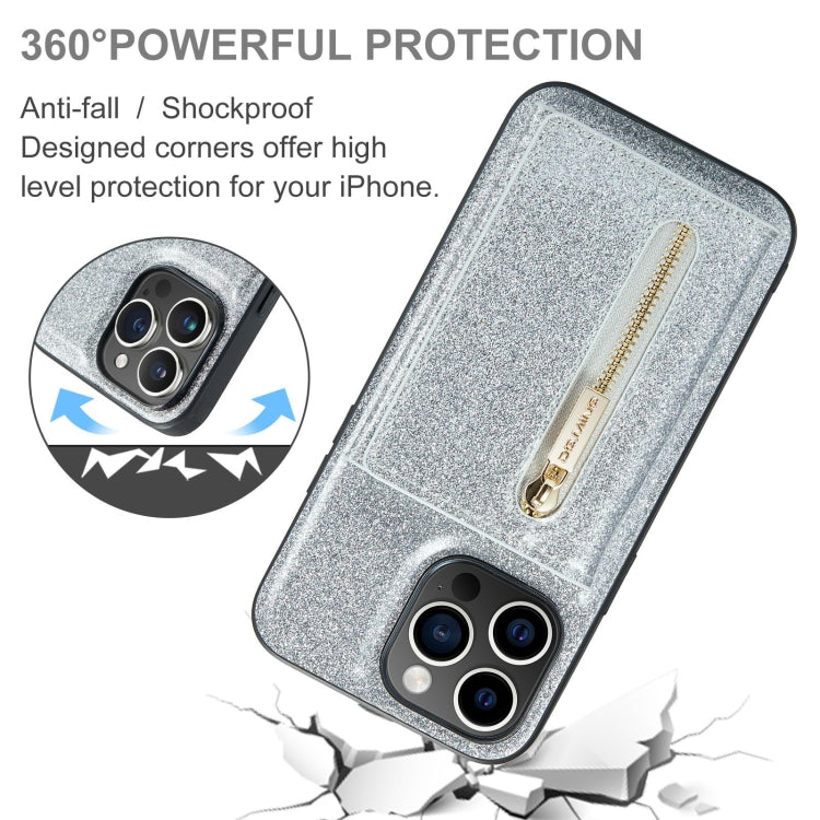 For iPhone 15 Pro DG.MING M3 Series Glitter Powder Card Bag Leather Phone Case(Silver) - HoMEdemic™ 