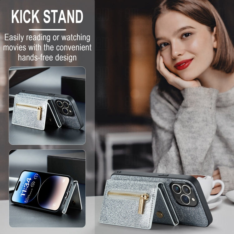 For iPhone 15 Pro DG.MING M3 Series Glitter Powder Card Bag Leather Phone Case(Silver) - HoMEdemic™ 