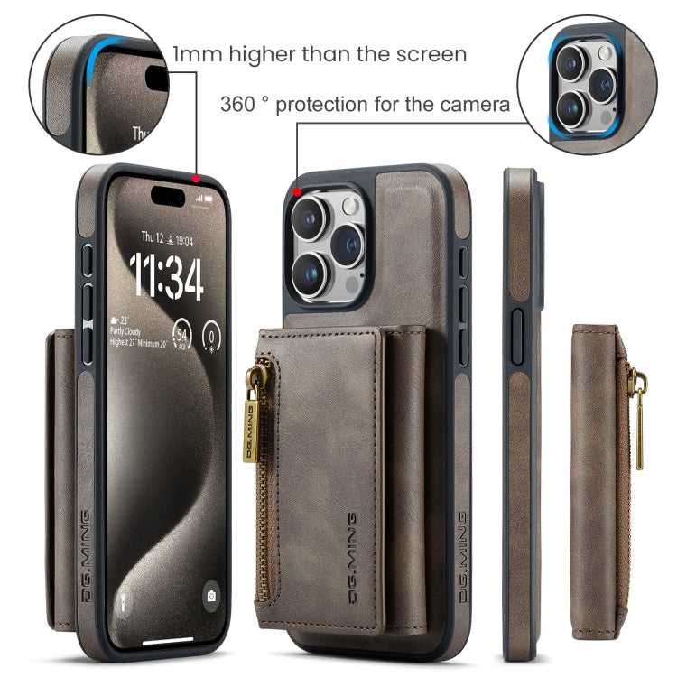 For iPhone 15 Pro DG.MING M5 Series Zip RFID Multi Card Detachable Leather Phone Case(Coffee) - HoMEdemic™ 