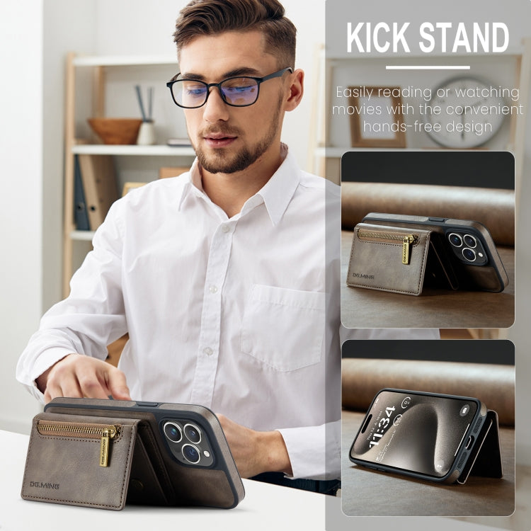 For iPhone 15 Pro DG.MING M5 Series Zip RFID Multi Card Detachable Leather Phone Case(Coffee) - HoMEdemic™ 