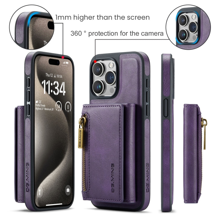 For iPhone 15 Pro DG.MING M5 Series Zip RFID Multi Card Detachable Leather Phone Case(Purple) - HoMEdemic™ 
