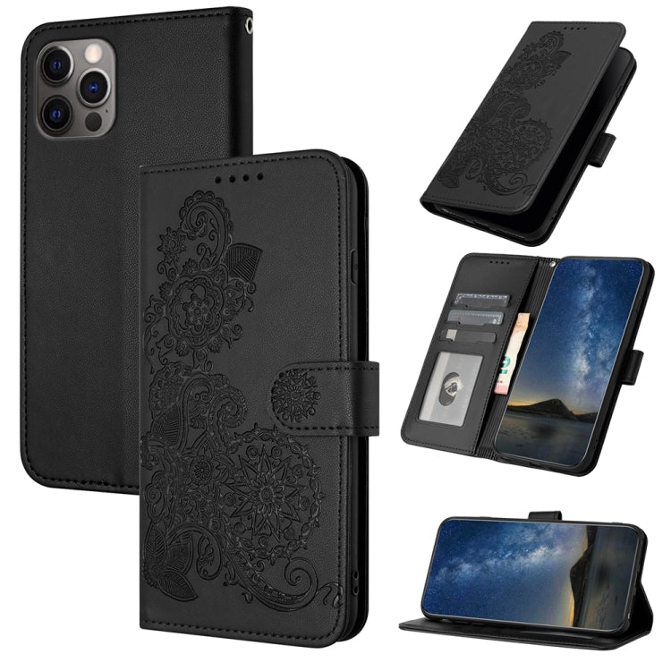 For iPhone 15 Pro Datura Flower Embossed Flip Leather Phone Case(Black) - HoMEdemic™ 