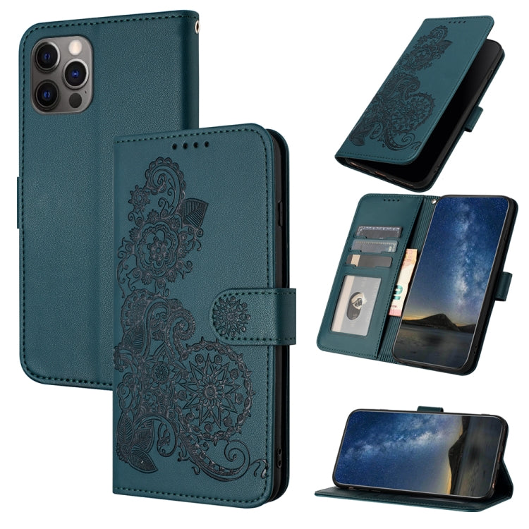 For iPhone 15 Pro Datura Flower Embossed Flip Leather Phone Case(Dark Green) - HoMEdemic™ 