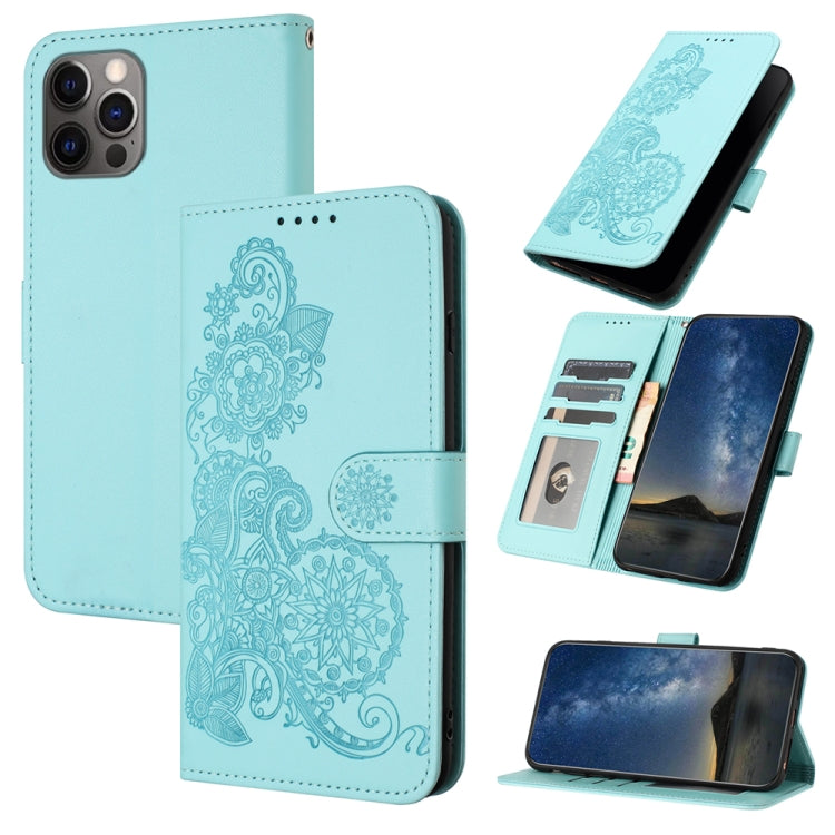 For iPhone 15 Pro Datura Flower Embossed Flip Leather Phone Case(Light blue) - HoMEdemic™ 