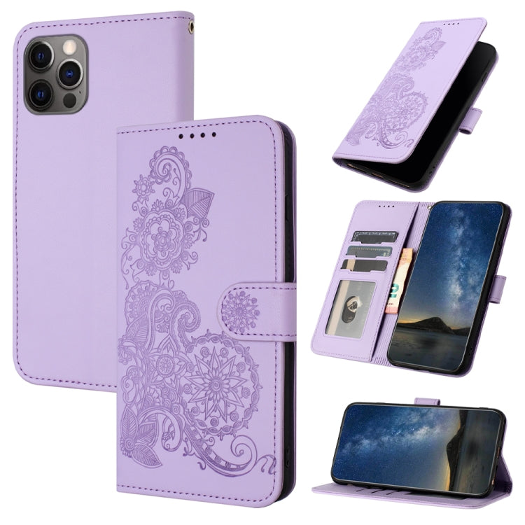 For iPhone 15 Pro Datura Flower Embossed Flip Leather Phone Case(Purple) - HoMEdemic™ 