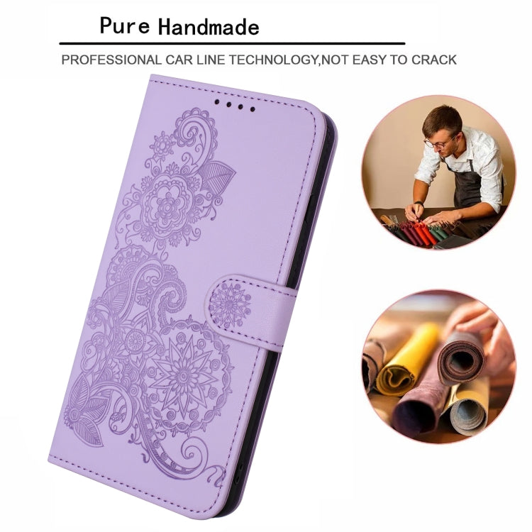 For iPhone 15 Pro Datura Flower Embossed Flip Leather Phone Case(Purple) - HoMEdemic™ 