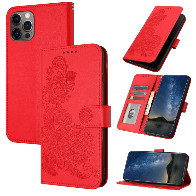 For iPhone 15 Pro Datura Flower Embossed Flip Leather Phone Case(Red) - HoMEdemic™ 