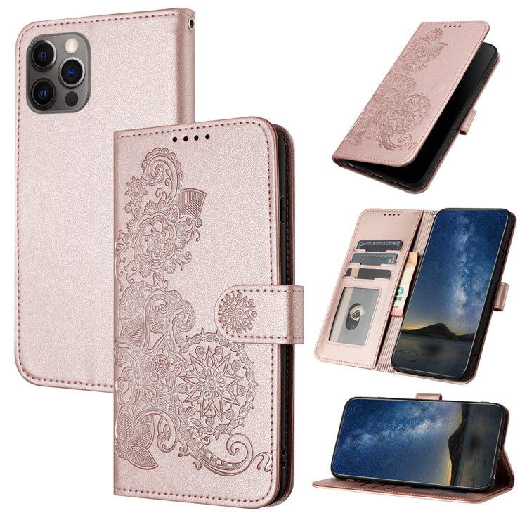 For iPhone 15 Pro Datura Flower Embossed Flip Leather Phone Case(Rose Gold) - HoMEdemic™ 