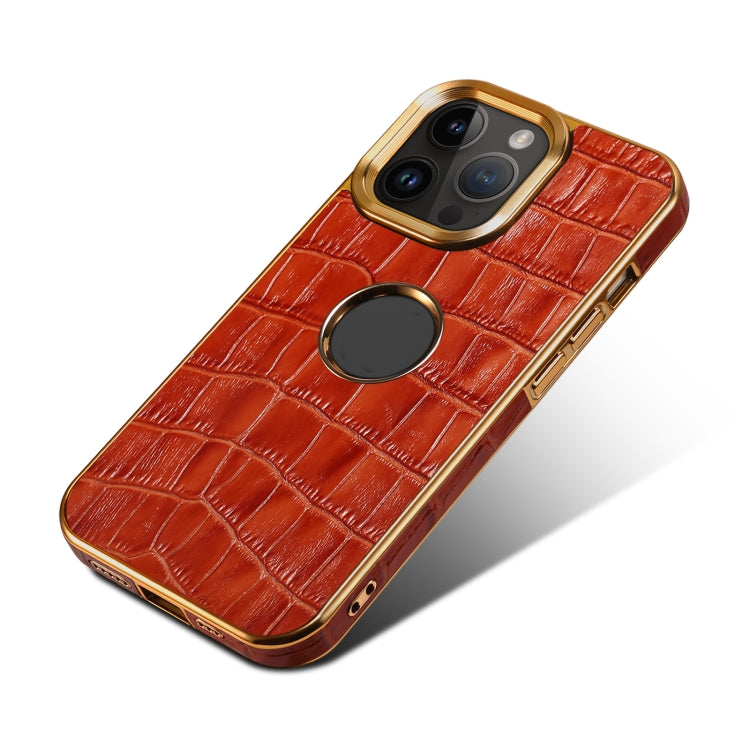 For iPhone 15 Pro Denior Crocodile Texture Genuine Leather Electroplating Phone Case(Mocha Brown) - HoMEdemic™ 