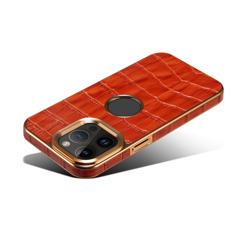 For iPhone 15 Pro Denior Crocodile Texture Genuine Leather Electroplating Phone Case(Mocha Brown) - HoMEdemic™ 