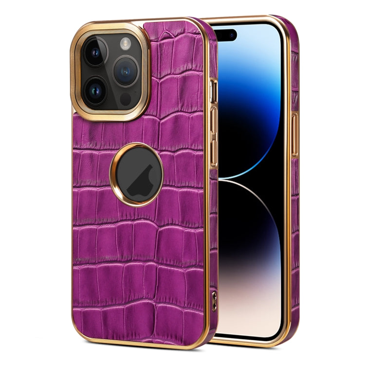 For iPhone 15 Pro Denior Crocodile Texture Genuine Leather Electroplating Phone Case(Purple) - HoMEdemic™ 