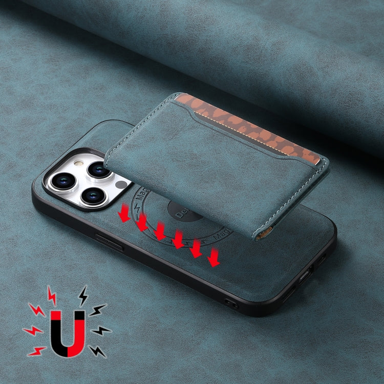 For iPhone 15 Pro Denior D13 Retro Texture Leather MagSafe Card Bag Phone Case(Blue) - HoMEdemic™ 
