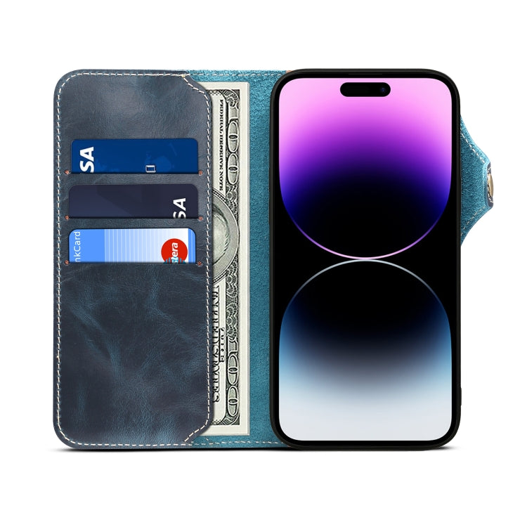 For iPhone 15 Pro Denior Oil Wax Cowhide Magnetic Button Genuine Leather Case(Dark Blue) - HoMEdemic™ 