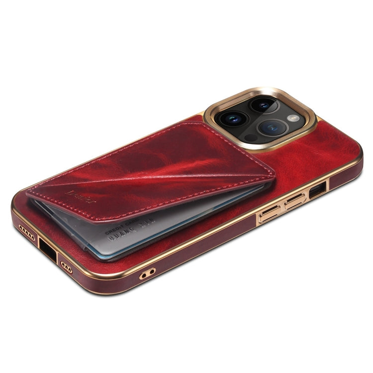 For iPhone 15 Pro Denior Oil Wax Leather Electroplating Card Slot Holder Phone Case(Red) - HoMEdemic™ 