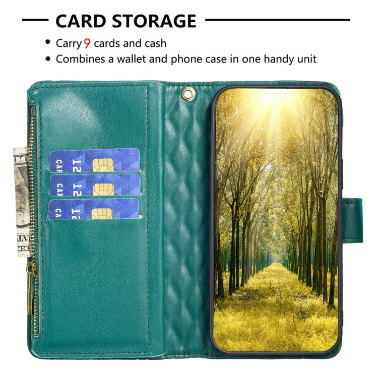 For iPhone 15 Pro Diamond Lattice Zipper Wallet Leather Flip Phone Case(Green) - HoMEdemic™ 