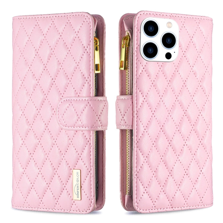 For iPhone 15 Pro Diamond Lattice Zipper Wallet Leather Flip Phone Case(Pink) - HoMEdemic™ 