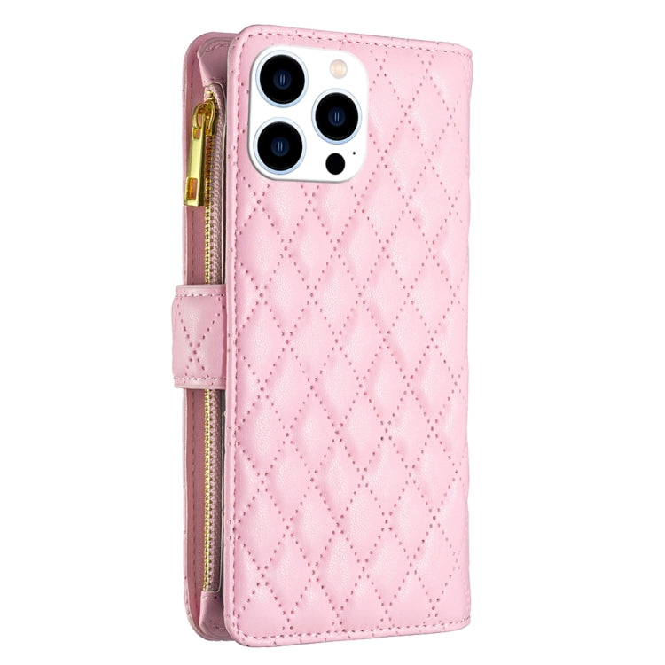 For iPhone 15 Pro Diamond Lattice Zipper Wallet Leather Flip Phone Case(Pink) - HoMEdemic™ 