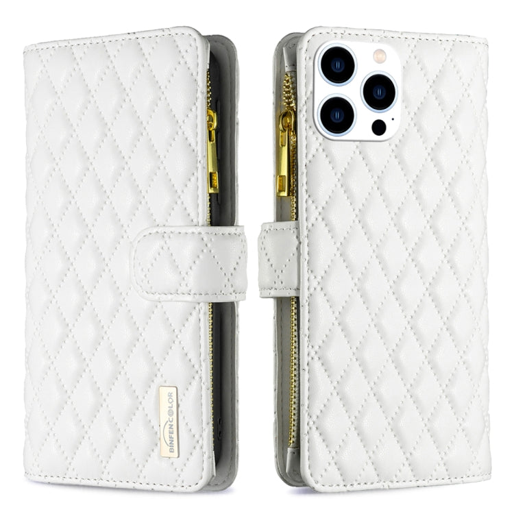 For iPhone 15 Pro Diamond Lattice Zipper Wallet Leather Flip Phone Case(White) - HoMEdemic™ 