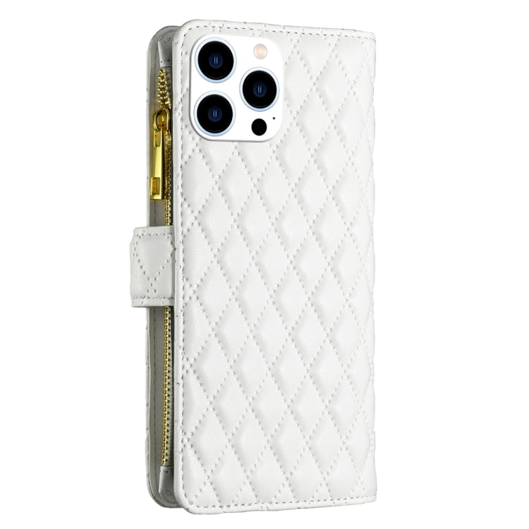 For iPhone 15 Pro Diamond Lattice Zipper Wallet Leather Flip Phone Case(White) - HoMEdemic™ 