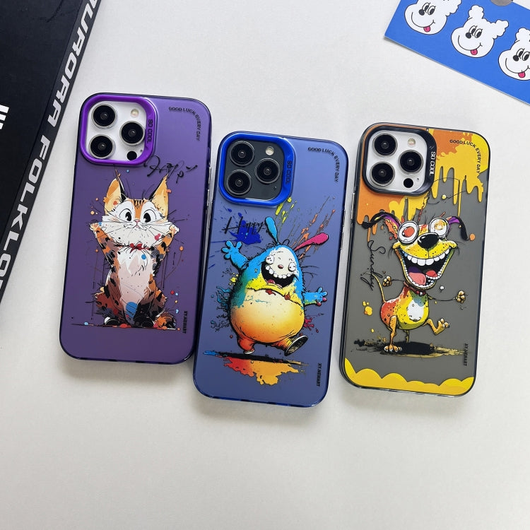 For iPhone 15 Pro Double Layer Color Silver Series Animal Oil Painting Phone Case(Jumping Monkey) - HoMEdemic™ 